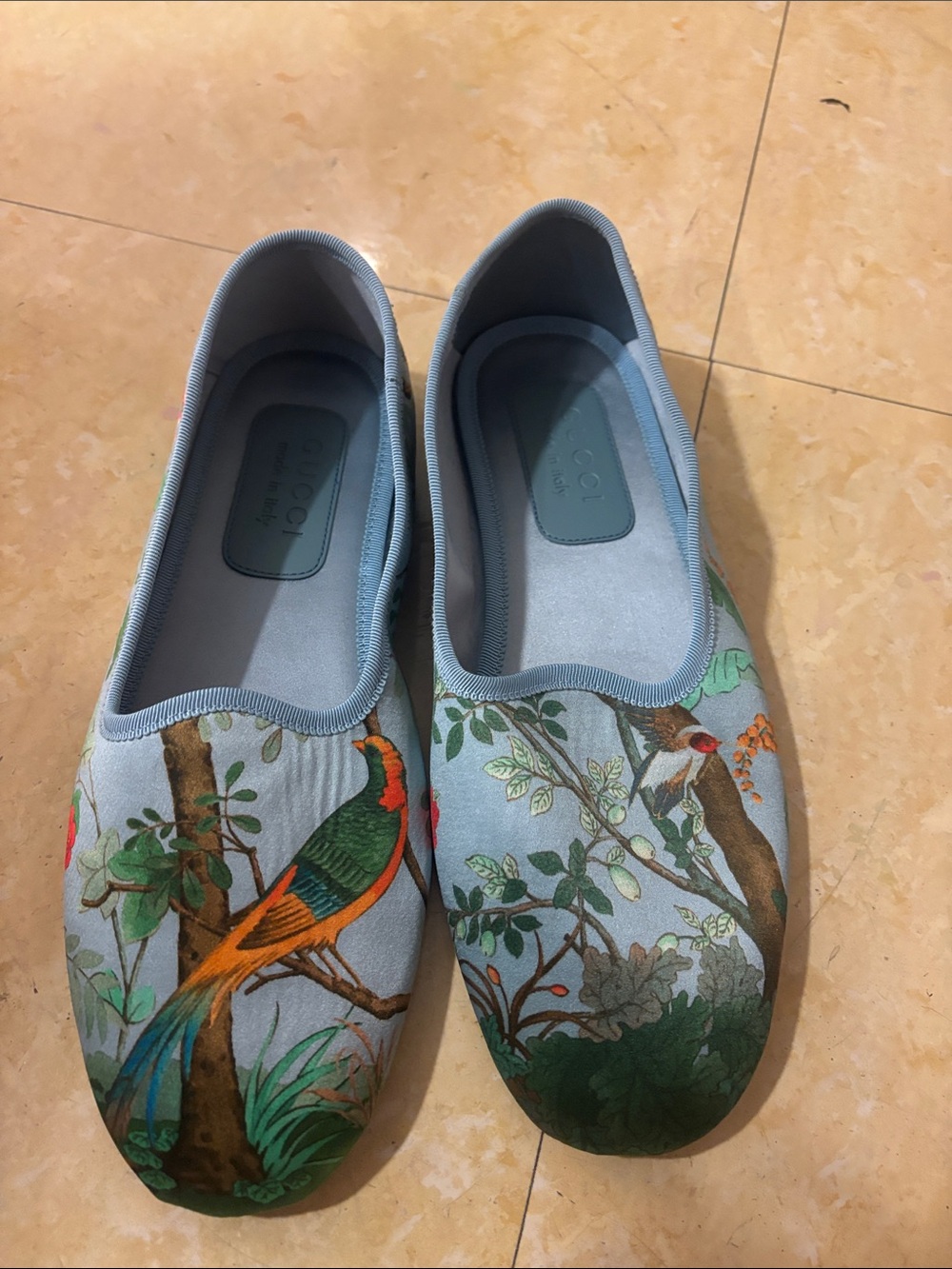 Gucci Light Blue Bird and Botanical Slip-On Flats - size 8 runs large